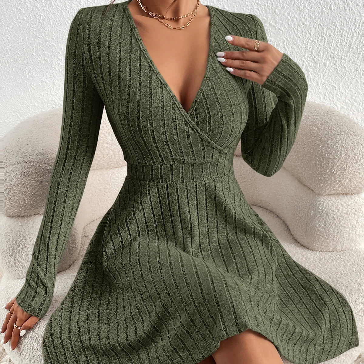 Slim Fit V-Neck Knit Dress